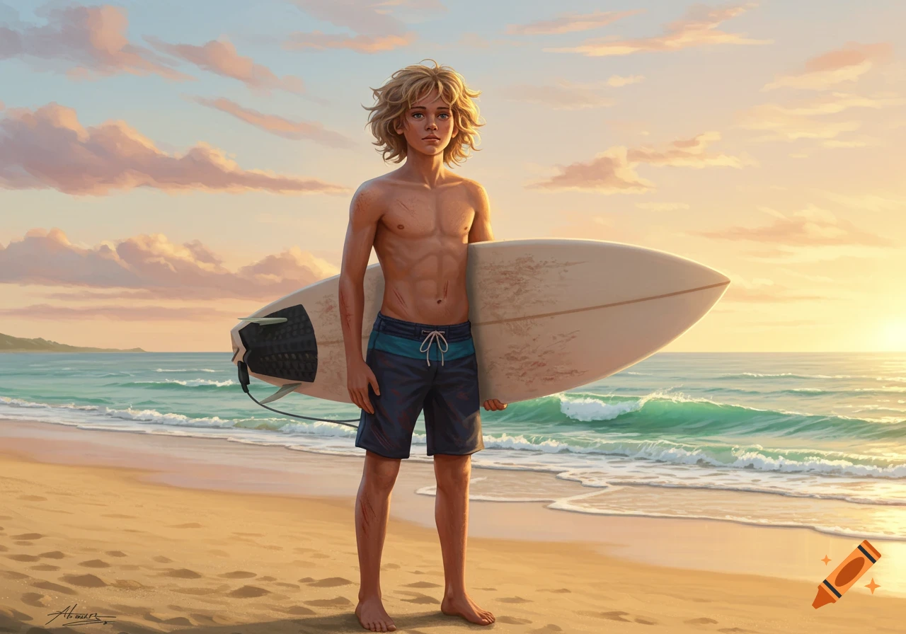 A blond teenage boy with scars stands on a beach holding a surfboard at sunset, digital art style.