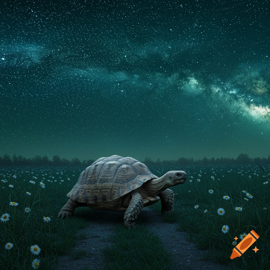 A large tortoise walks on a dirt path through a field of white daisies under a dark, starry night sky with the Milky Way visible.