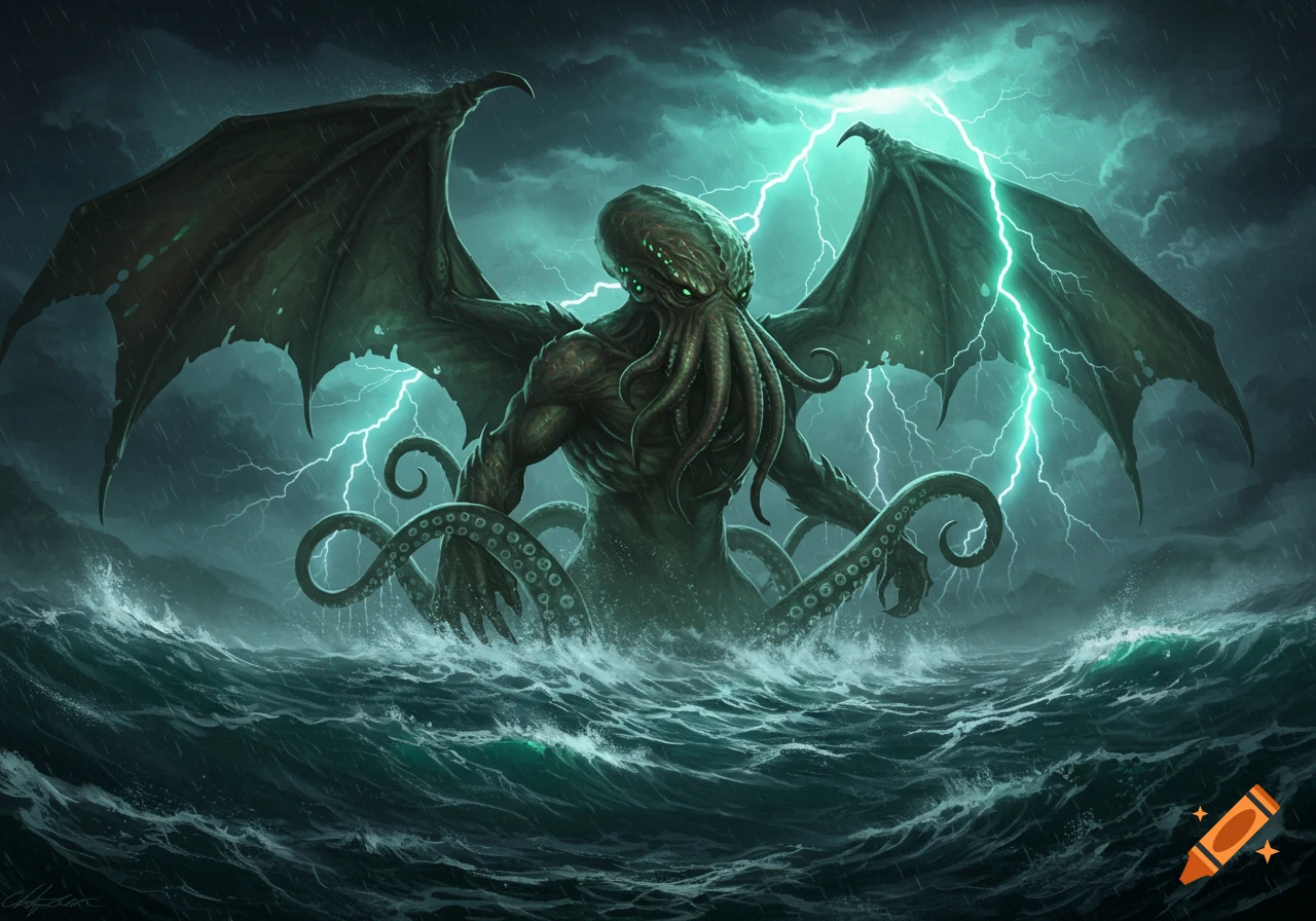 A colossal Cthulhu, a winged creature with tentacles, rises from a stormy ocean under a lightning-filled sky in a dark fantasy illustration.