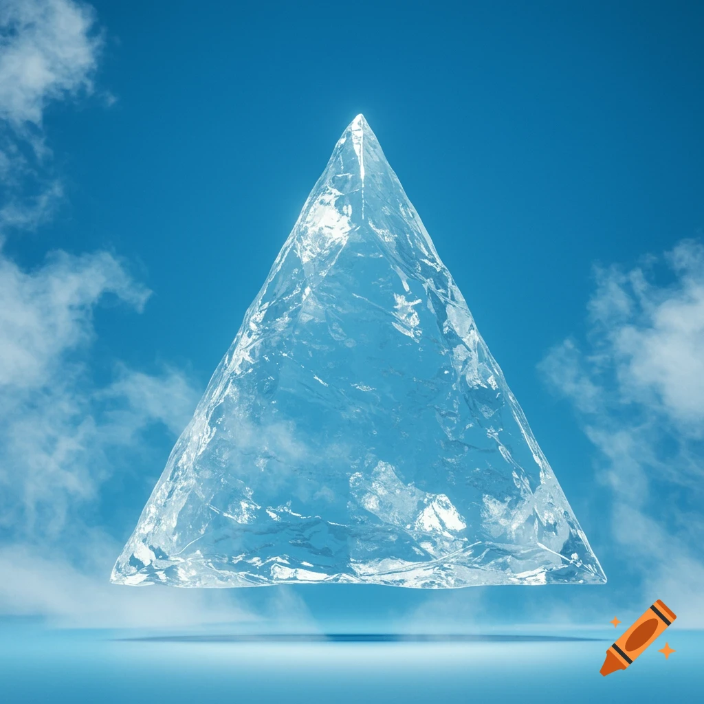A large, translucent ice pyramid floats above a blue surface against a bright blue sky with clouds.