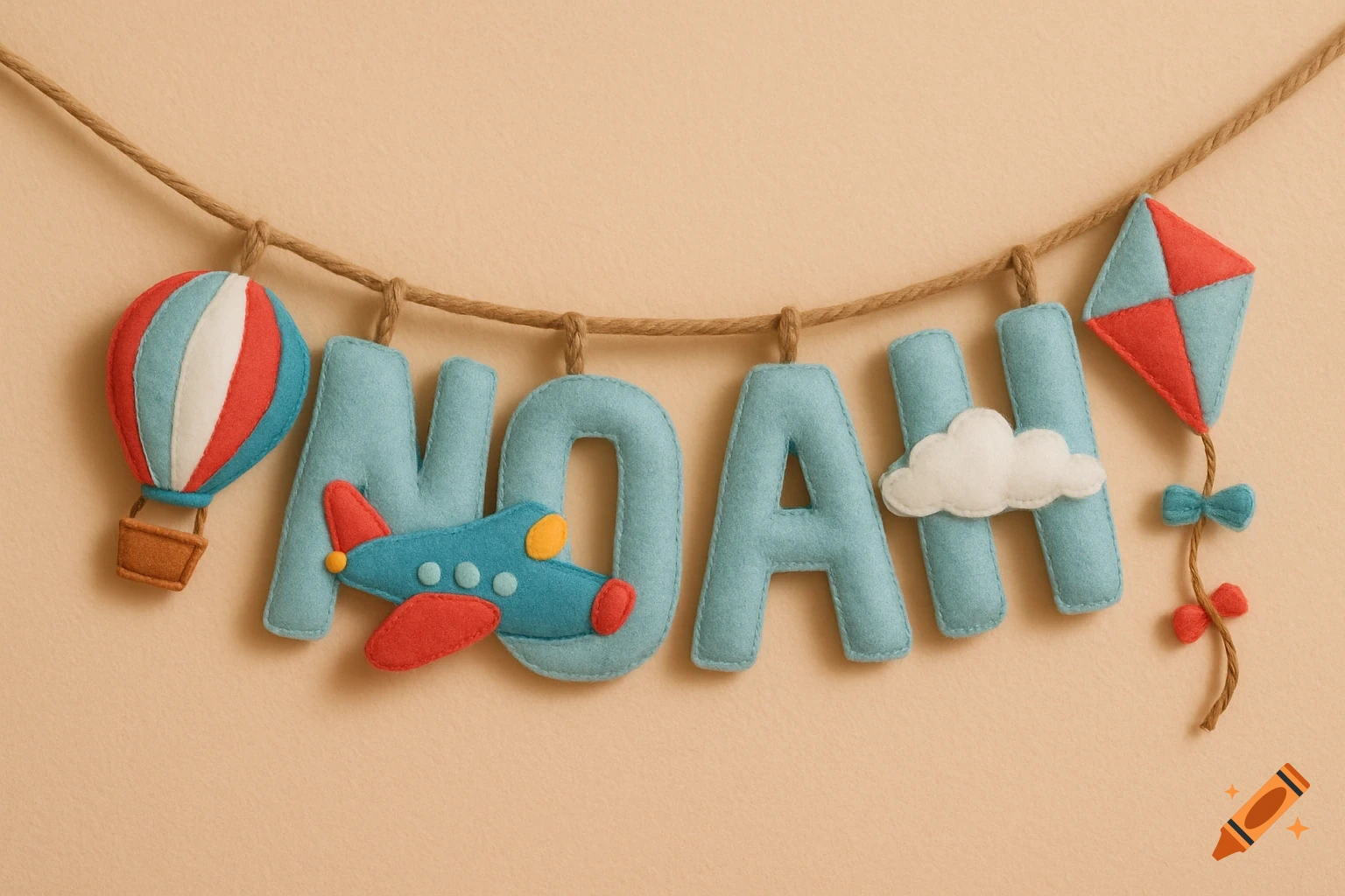 Felt baby name banner spelling 'NOAH' with aviation-themed decorations like a hot air balloon, plane, cloud, and kite, hanging on a rope.