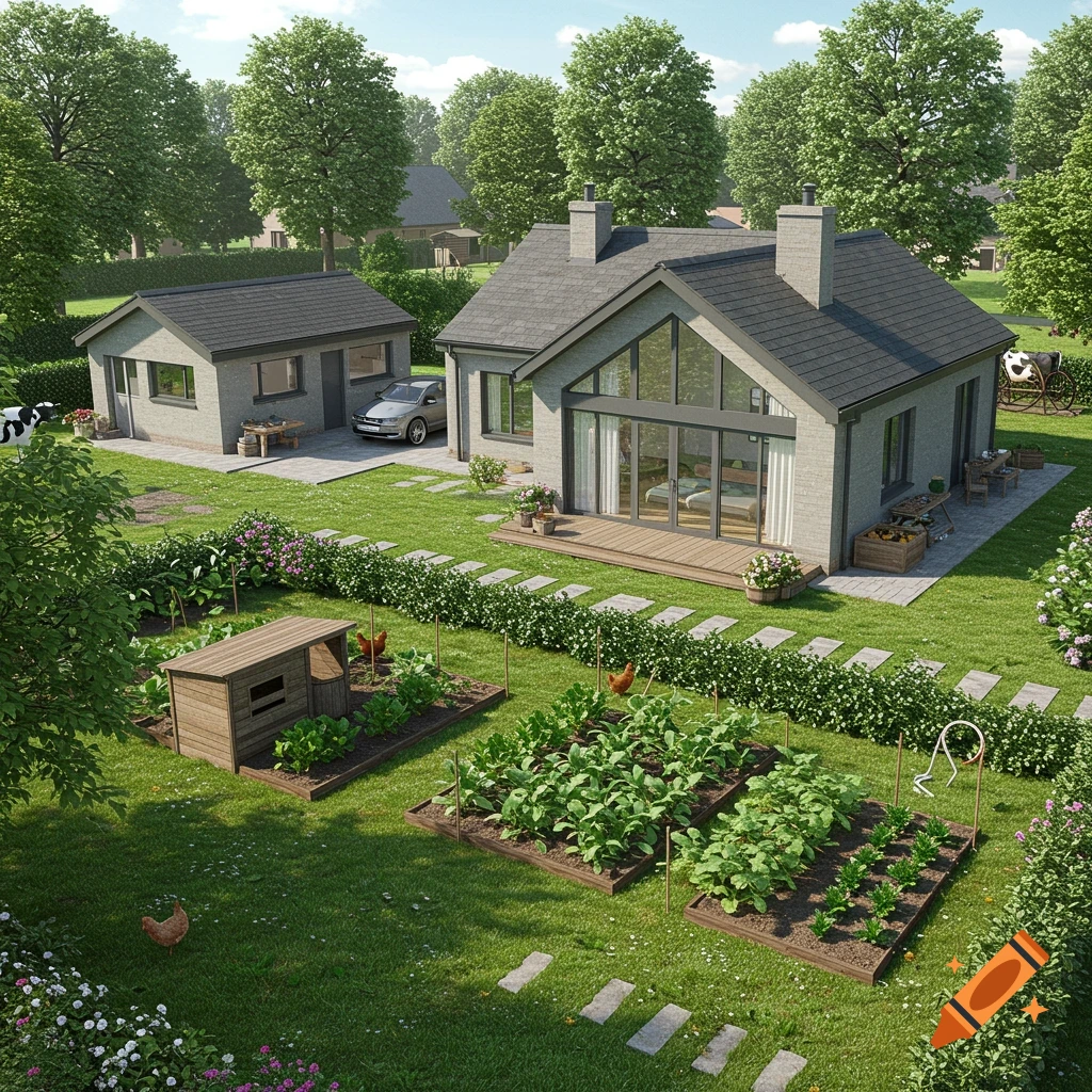 An aerial view of a modern gray house with a wooden deck, a separate garage with a car, a large green lawn with raised garden beds, a chicken coop, and chickens.