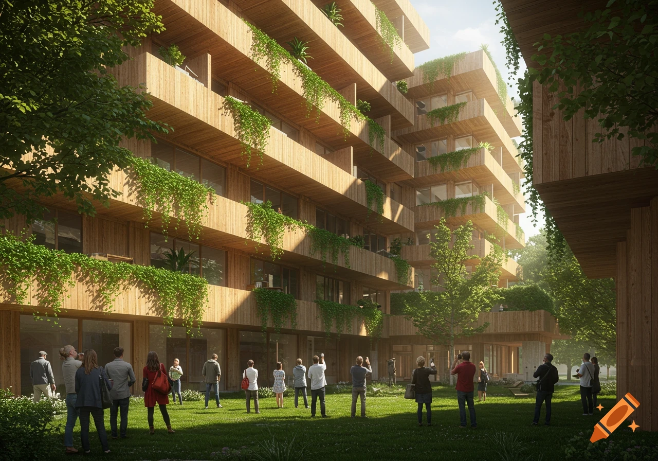Photorealistic image of people gathered on a grassy lawn, looking at a tall, modern mass timber building with green plants growing on its balconies and roof.
