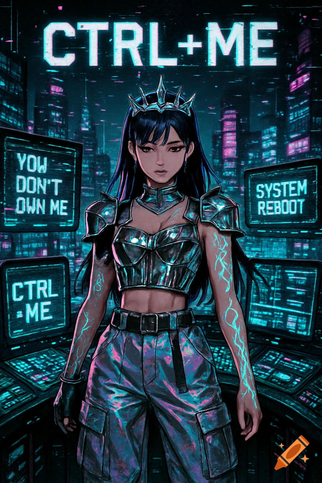 A futuristic anime-style K-pop idol in chrome armor and cargo pants stands in a neon-lit cyberpunk control room.