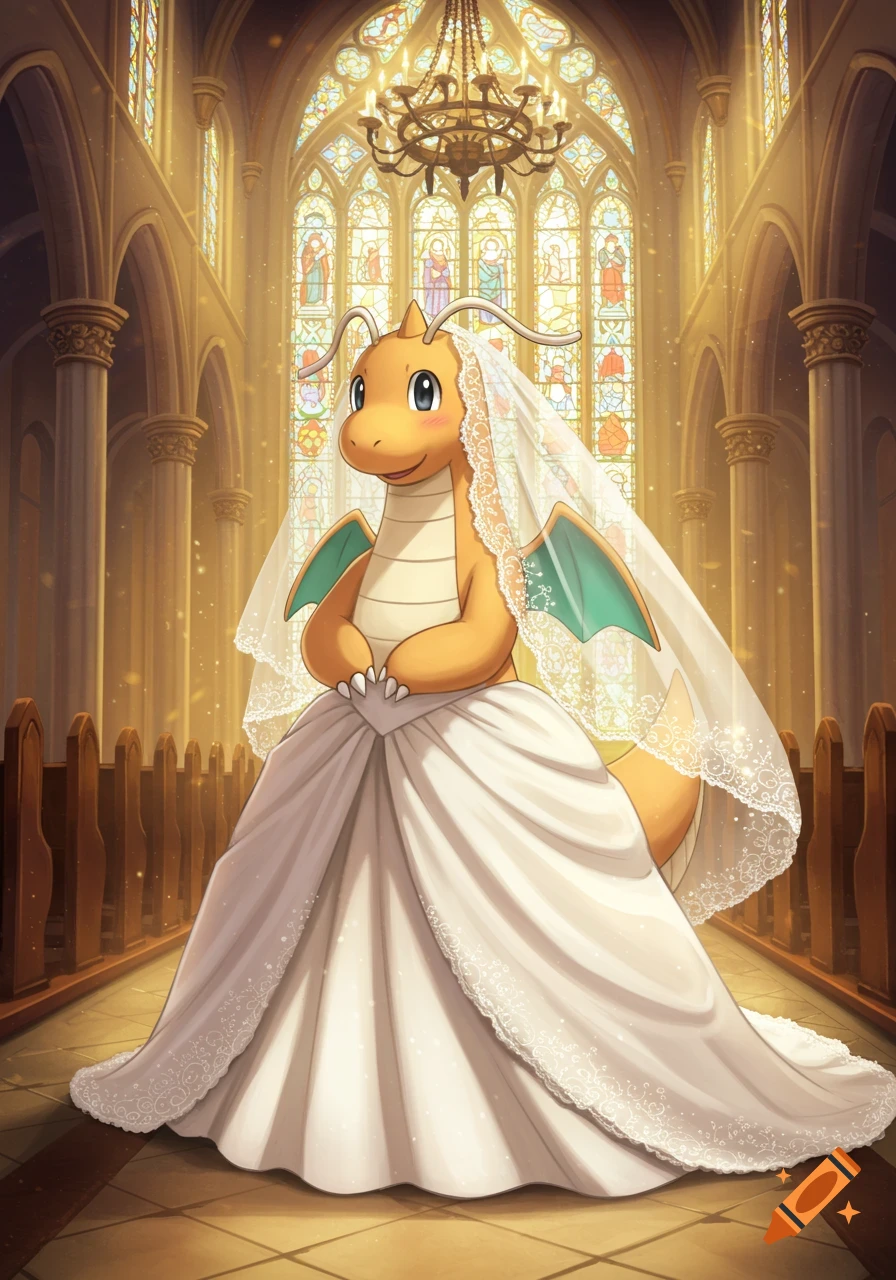 Dragonite, a large orange dragon-like Pokémon, stands in a church aisle wearing a white wedding dress and veil.