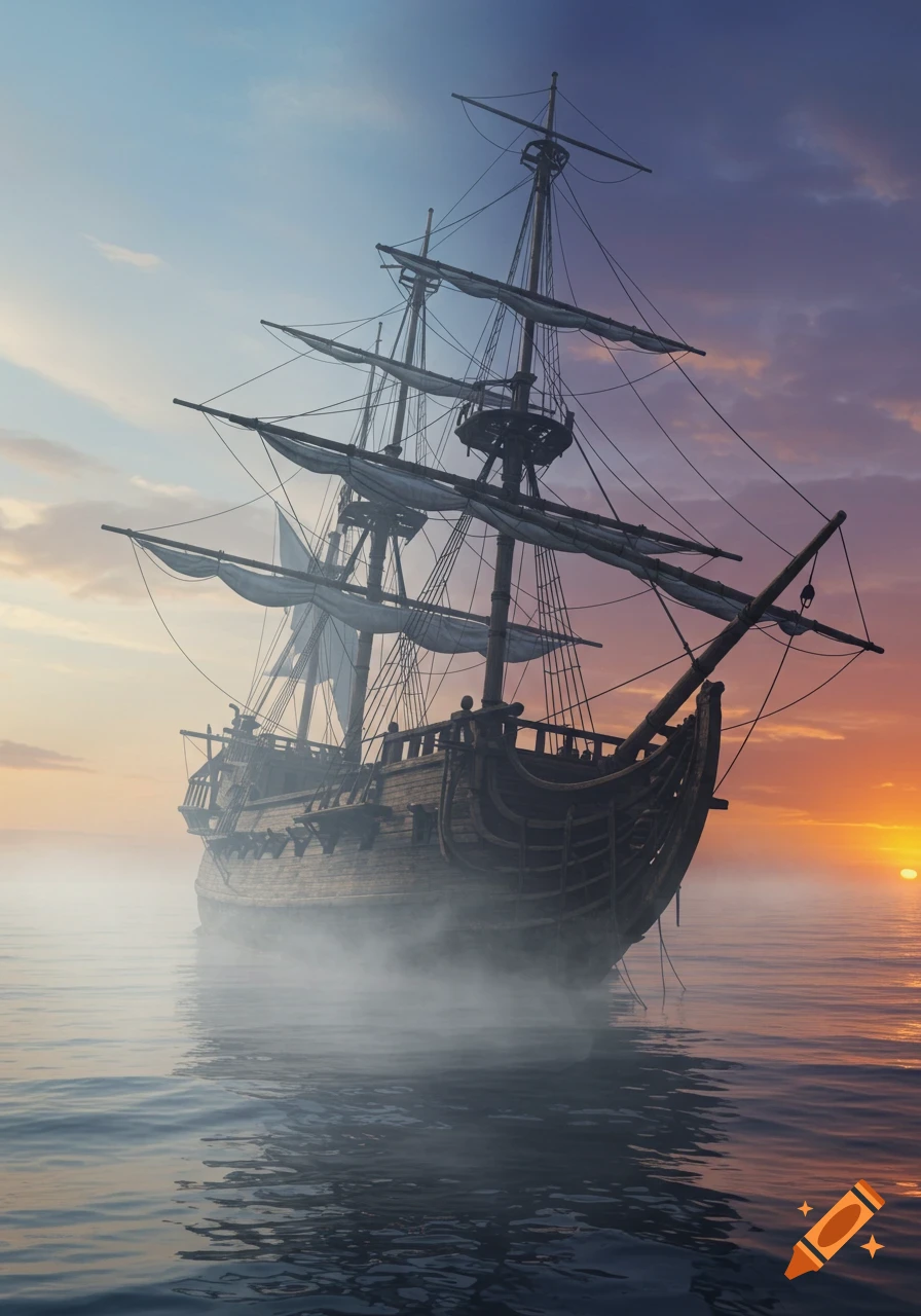 A photorealistic image of an old sailing ship engulfed in fog on the open sea at sunset.