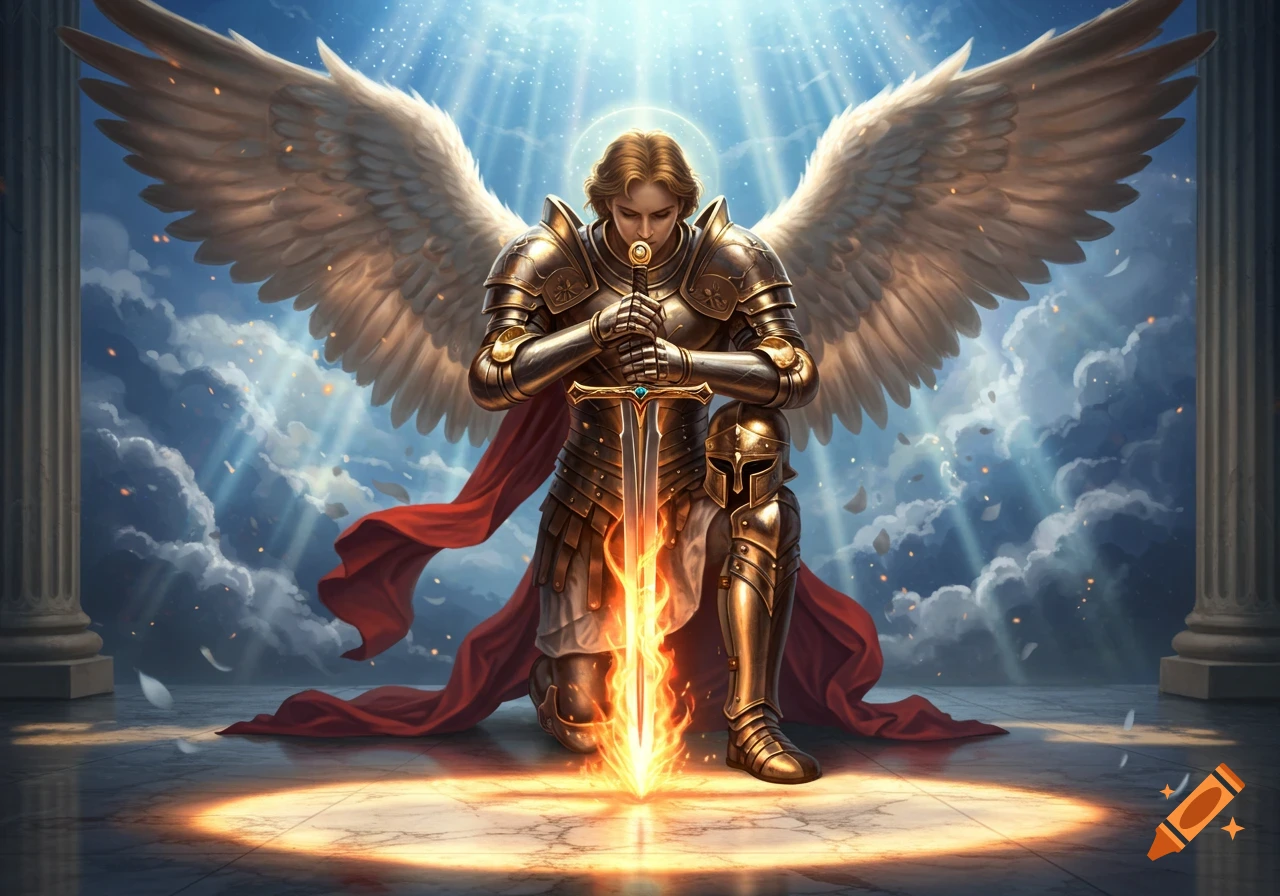 An archangel in golden armor kneels, head bowed on a flaming sword, beneath heavenly light streaming through clouds.