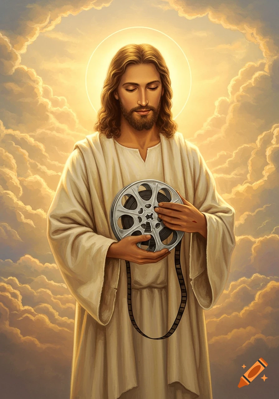 Jesus Christ with a halo and golden clouds, holding a film reel, in a detailed painterly style.
