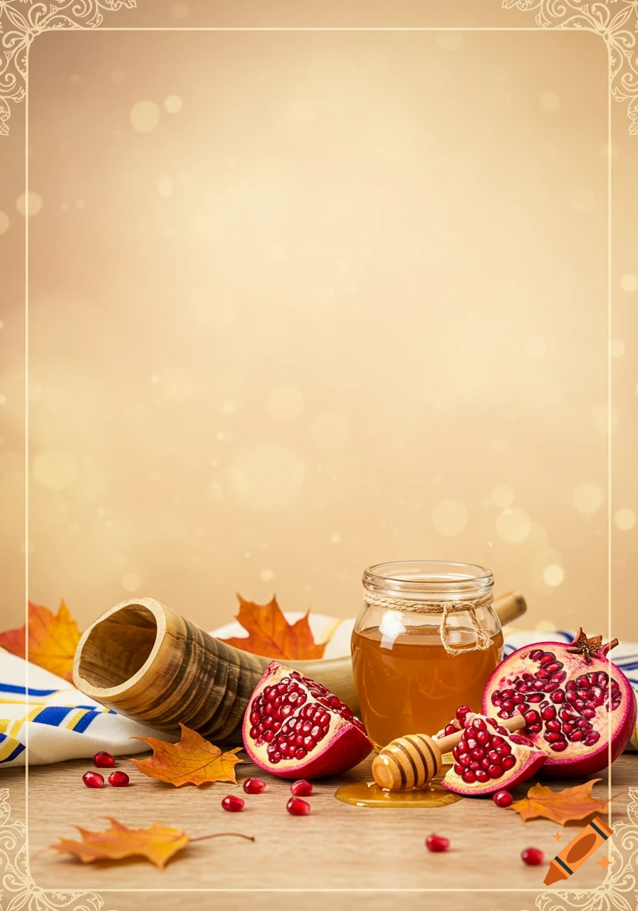 Still life of honey, pomegranates, shofar, and autumn leaves on a wooden table with a decorative border.