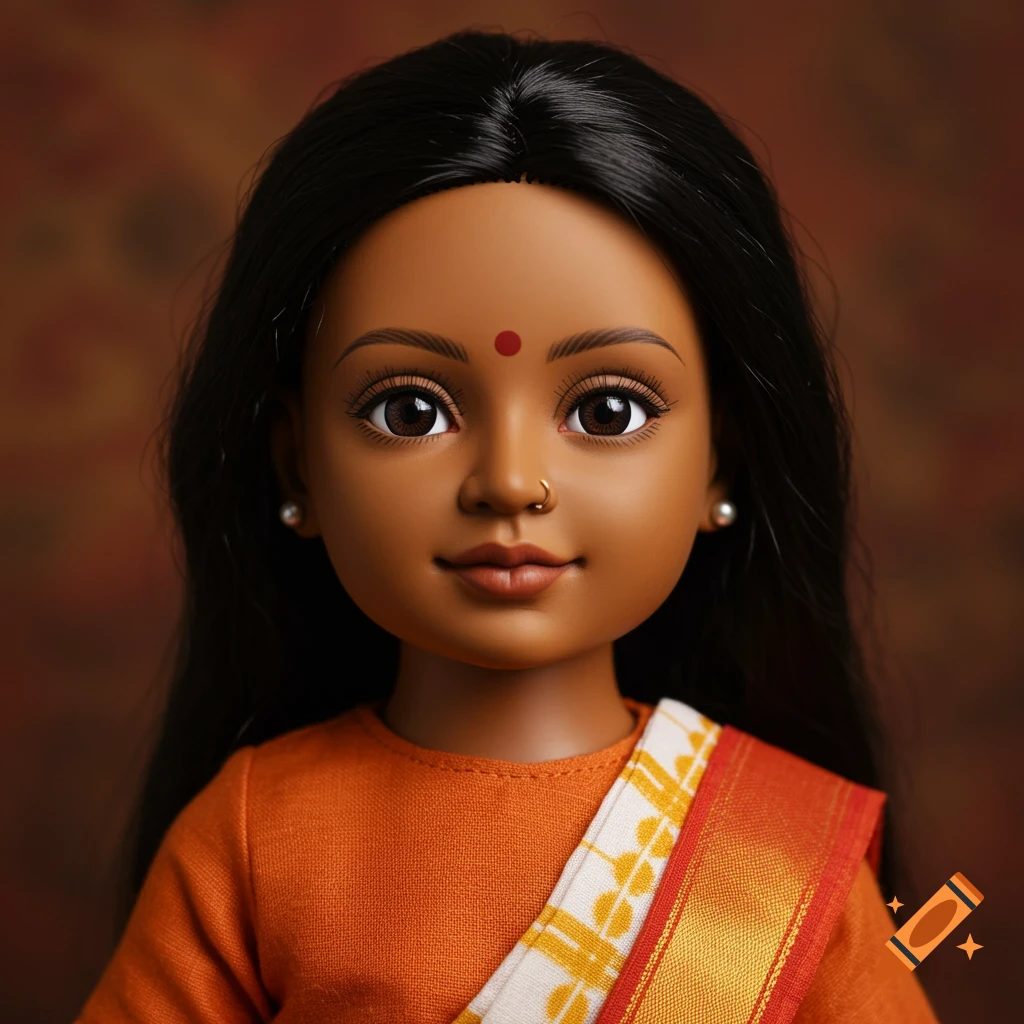 A photorealistic close-up portrait of an Indian Malayali girl doll with dark skin, long black hair, a red bindi, and wearing an orange and white sari.