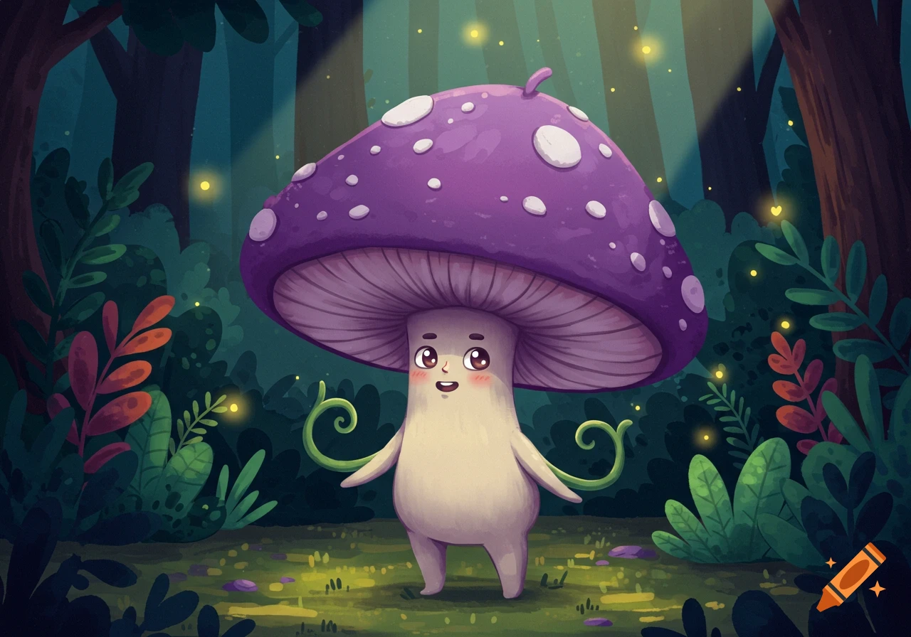 A cute cartoon purple mushroom character with a happy face and curly arms stands in a magical forest with fireflies.