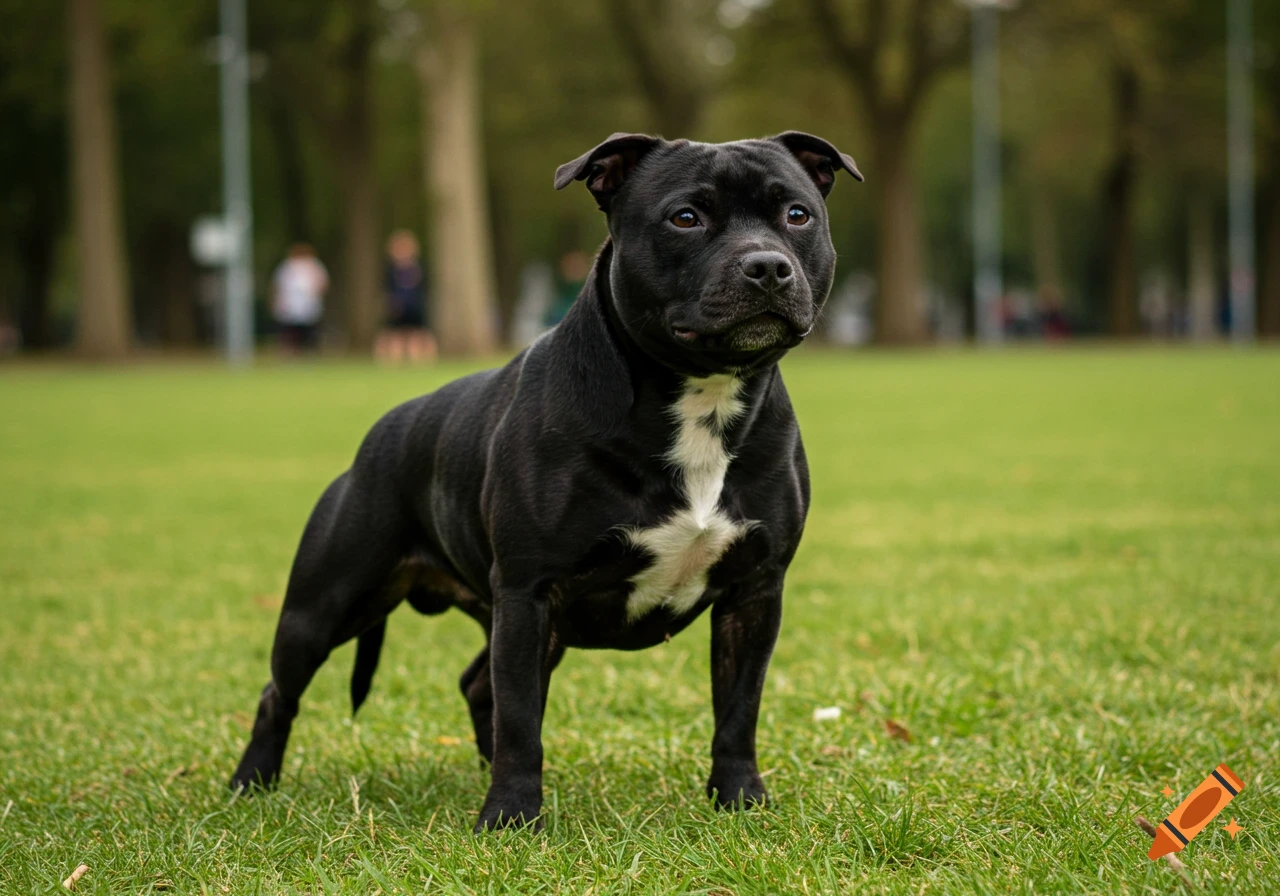 A black Staffordshire Bull Terrier with a white chest patch stands on green grass in a park, looking forward.