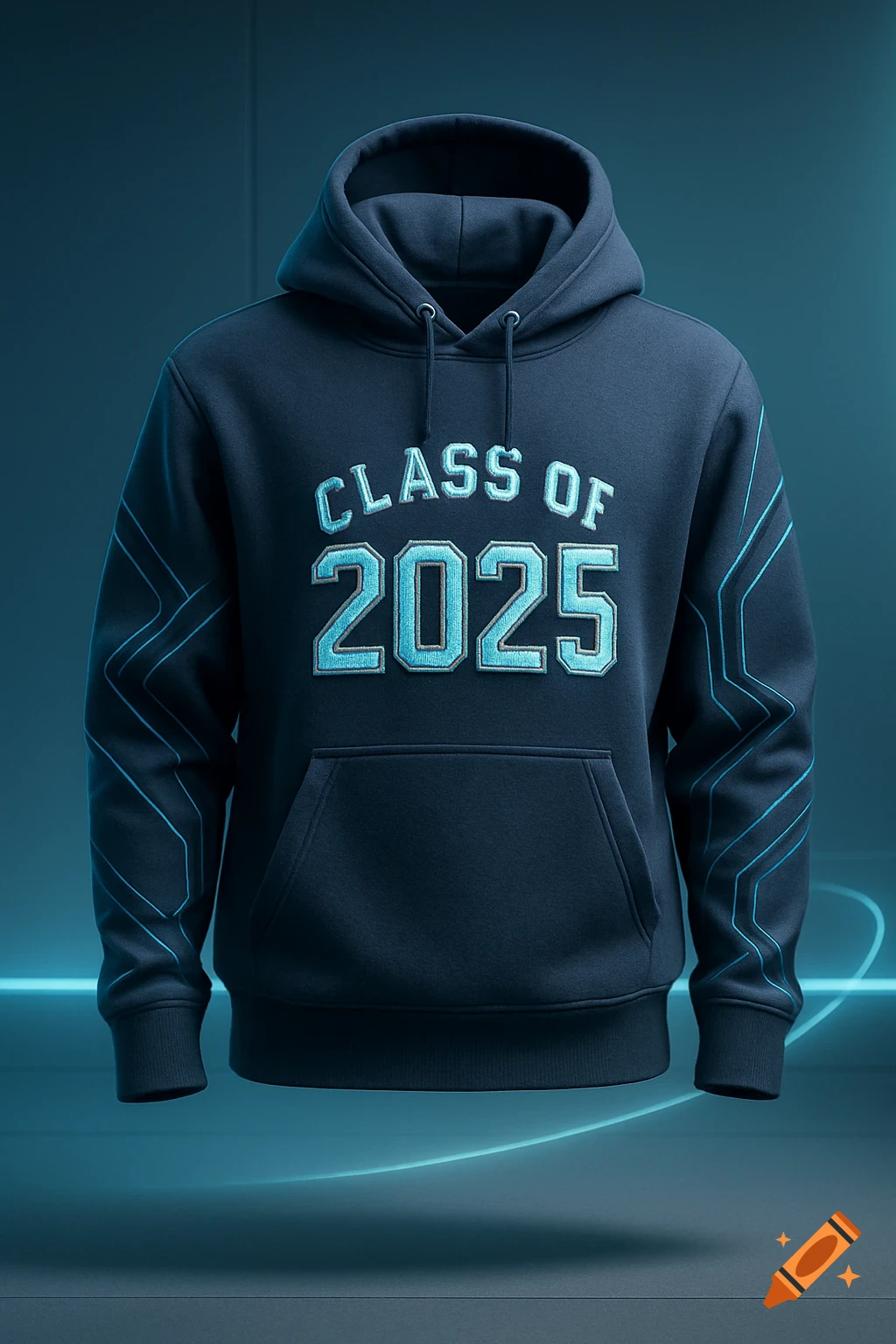 A dark blue hoodie with 'CLASS OF 2025' in light blue text, glowing blue lines on the sleeves, against a teal background.