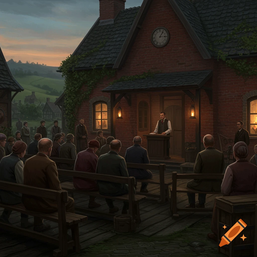 A group of people gathers for an outdoor meeting at dusk in a village, with a man speaking from a podium.