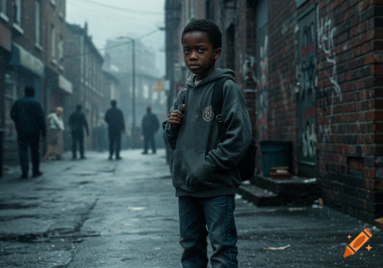 A young Black boy with a backpack stands on a wet, rainy city street, looking directly at the viewer with a somber expression. Other blurred figures are in the background.