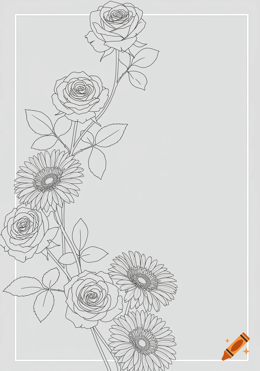 Minimalistic fine line drawing of roses and gerberas with a white border on a light grey background.