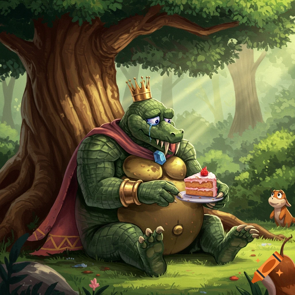 A large green alligator-like king with a crown and cape, crying while sitting under a tree and holding a slice of cake in a forest.