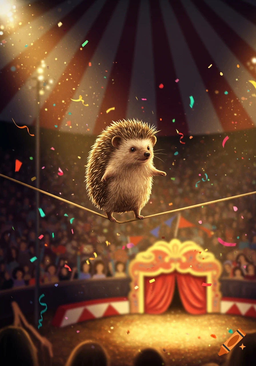 A cute hedgehog balances on a tightrope under circus lights with confetti falling and a crowd watching.