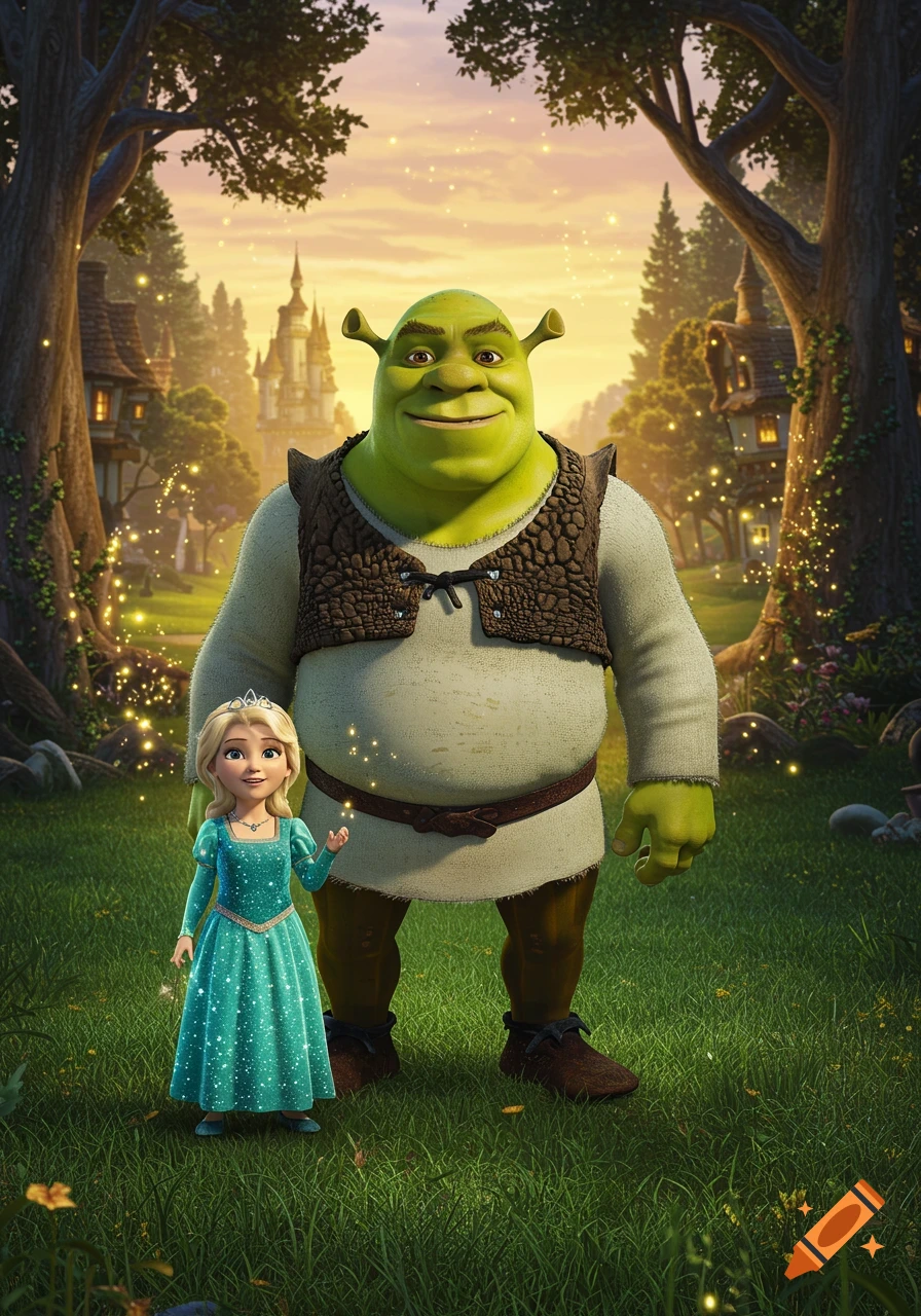 Shrek and a small blonde princess stand in a magical forest with a castle in the background, in the style of animated films.