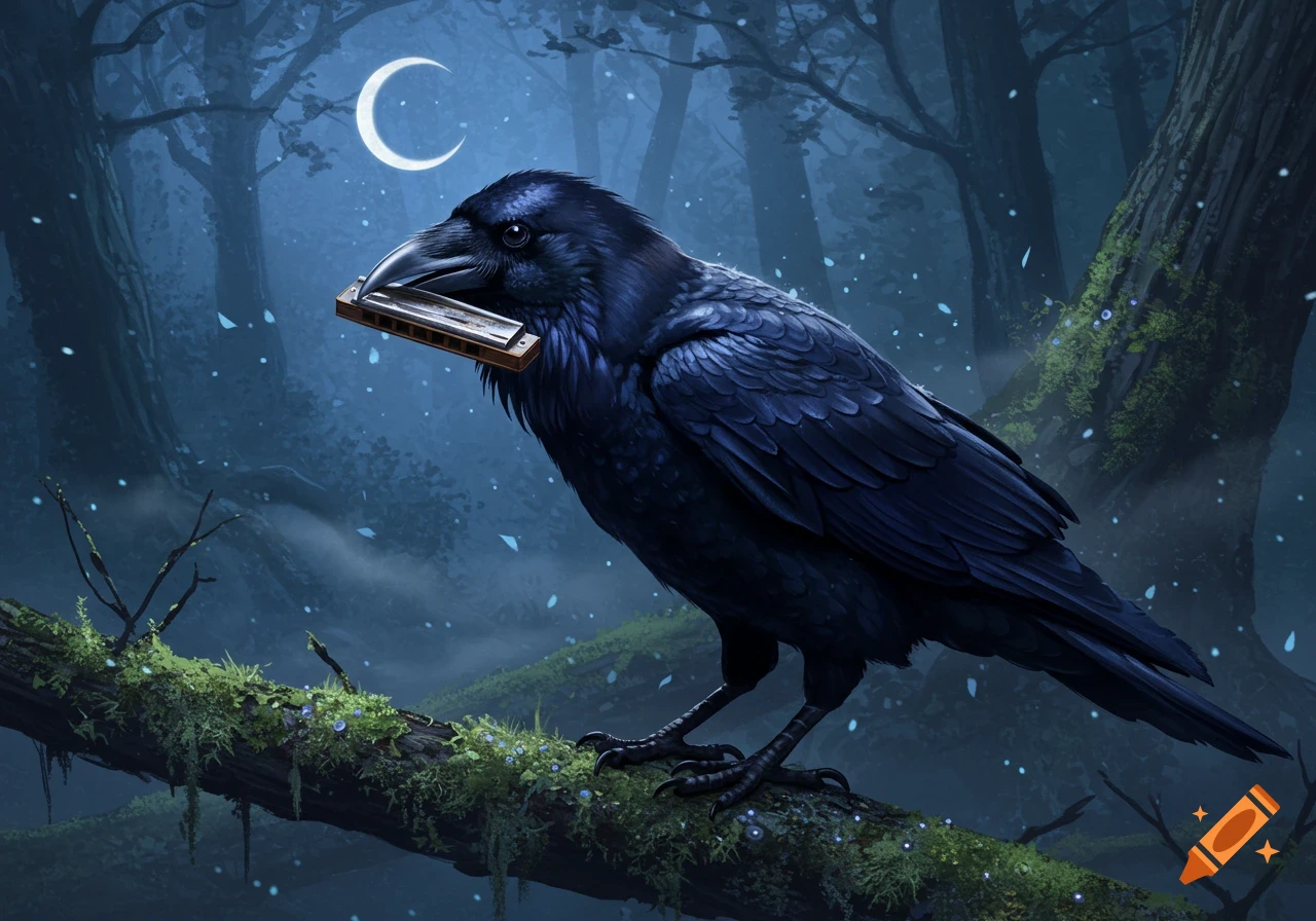 A dark raven holds a harmonica in its beak, perched on a mossy branch in a moonlit forest under a crescent moon.