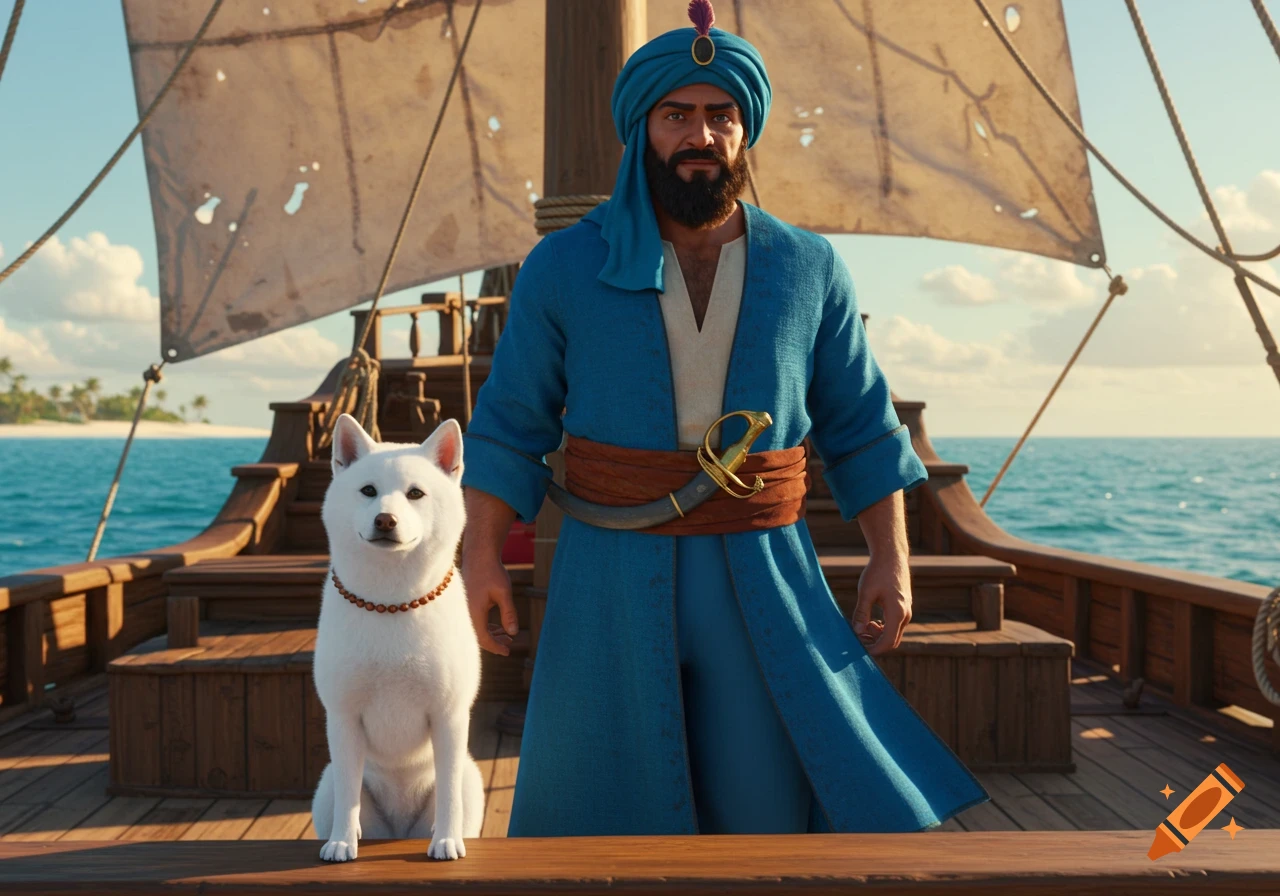 A bearded man in a blue turban and robe stands on a wooden ship with a white dog, sailing on a blue ocean towards a tropical island.