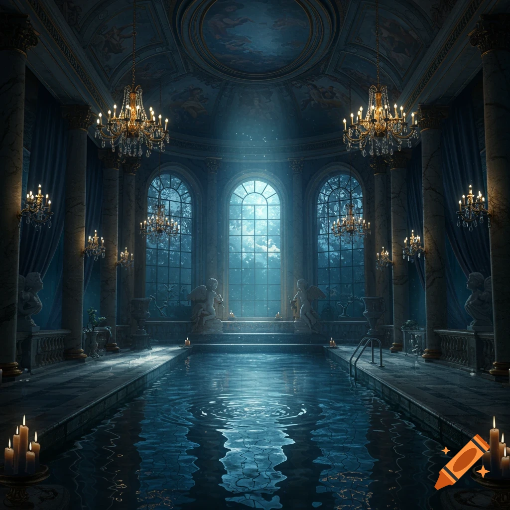 An elegant indoor pool in a baroque room at night, illuminated by moonlight and chandeliers, with classical statues.