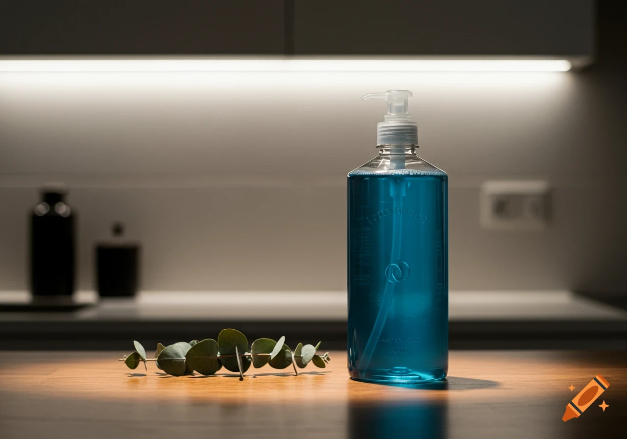 Photorealistic image of a blue soap bottle and a eucalyptus branch on a wooden counter with a light bar.