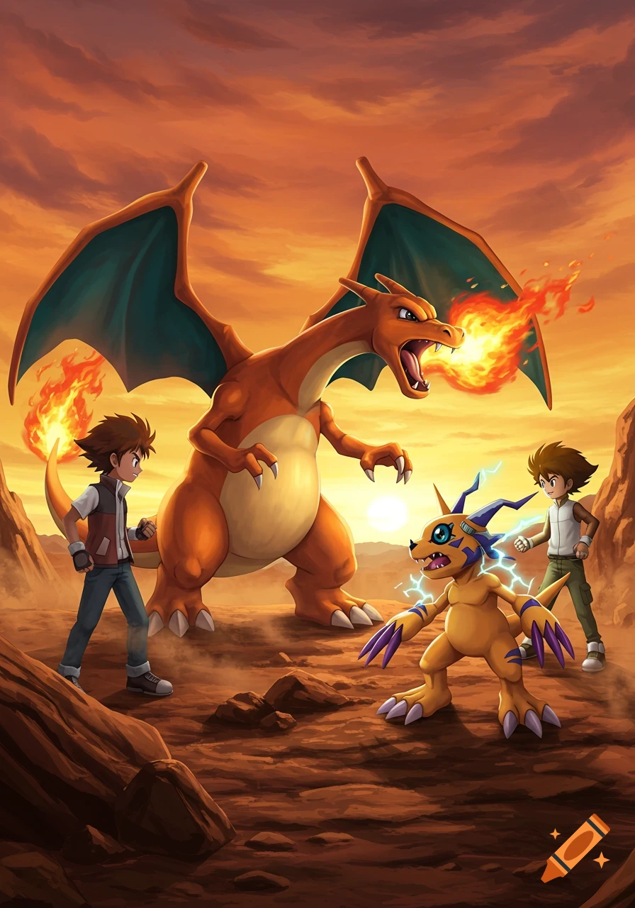 Charizard battles Agumon in a desert landscape at sunset, with trainers Red and Tai watching.