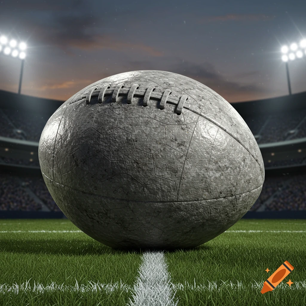 A gray, textured football made of stone rests on a green football field with a white line, with a stadium and bright lights in the background under a cloudy sky.