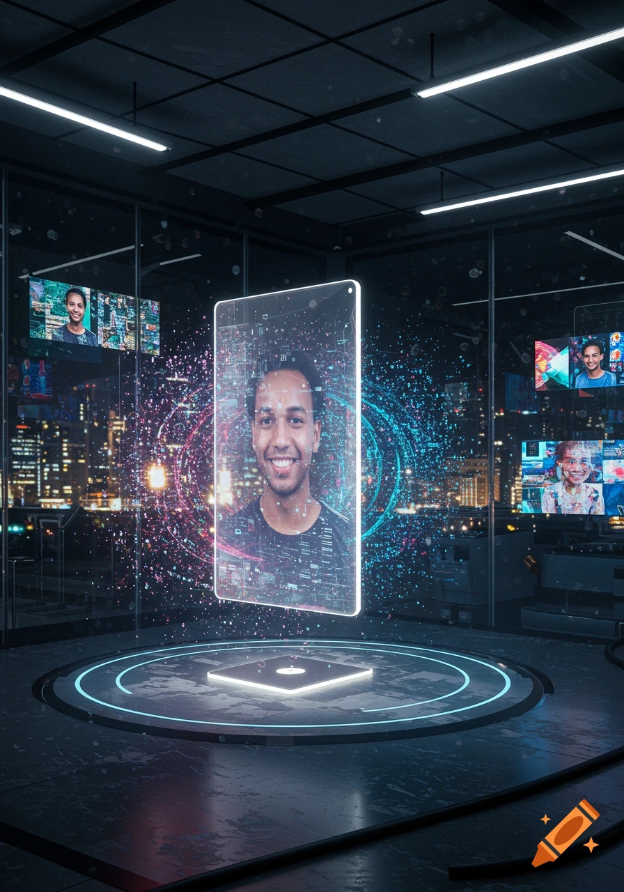 Smiling man's face on a large glowing holographic screen in a futuristic room with city lights, surrounded by digital data and smaller screens.