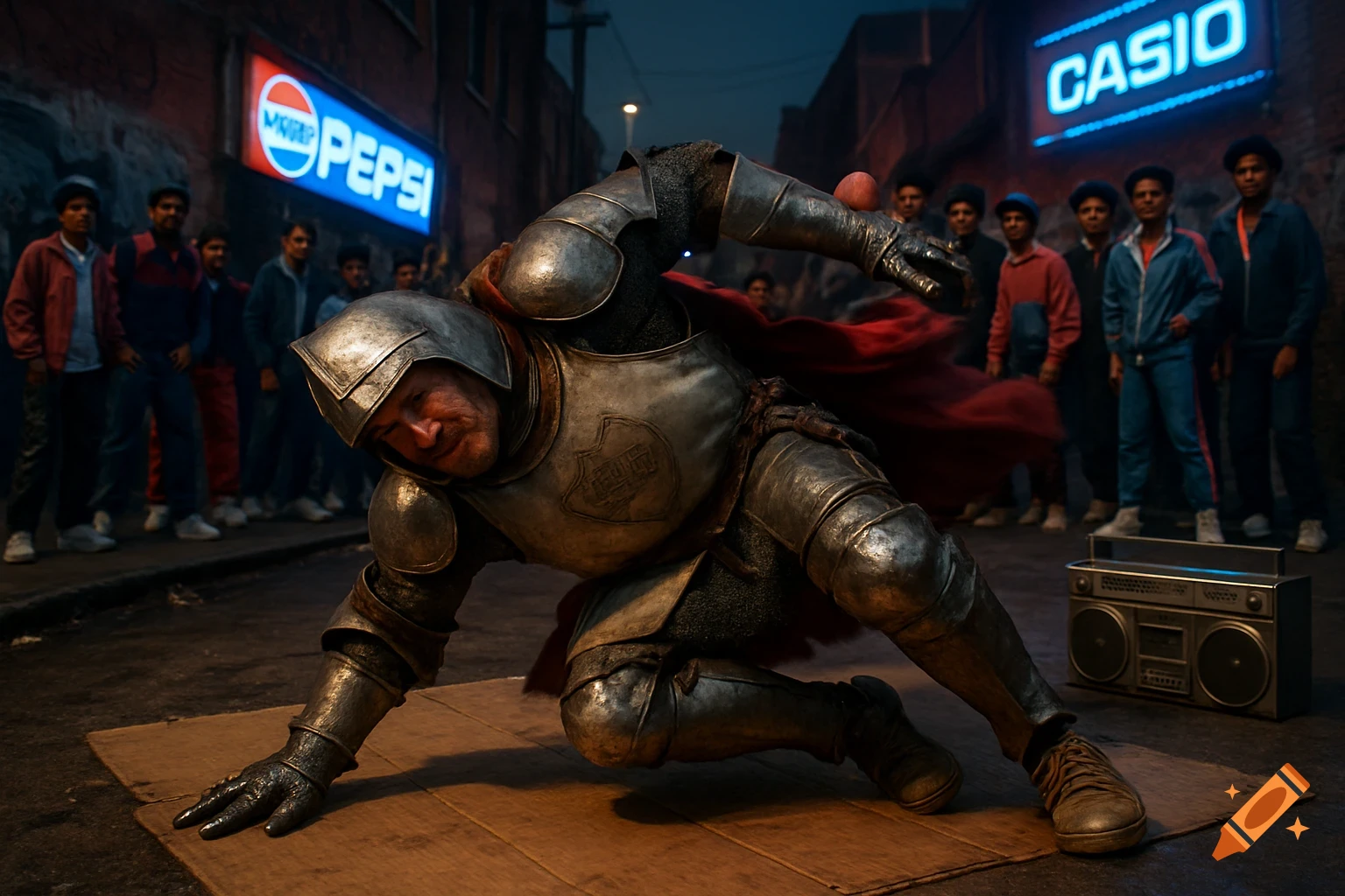 A medieval knight in shining armor breakdances on cardboard in a gritty 1980s Detroit street at dusk, surrounded by a crowd of hip-hop kids under neon Pepsi and Casio signs, with a boombox nearby.
