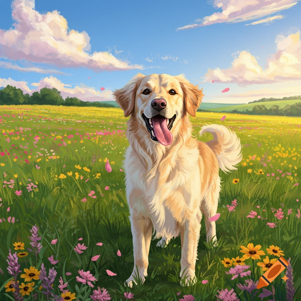 A happy golden retriever standing in a field of colorful wildflowers under a bright blue sky, digital illustration.