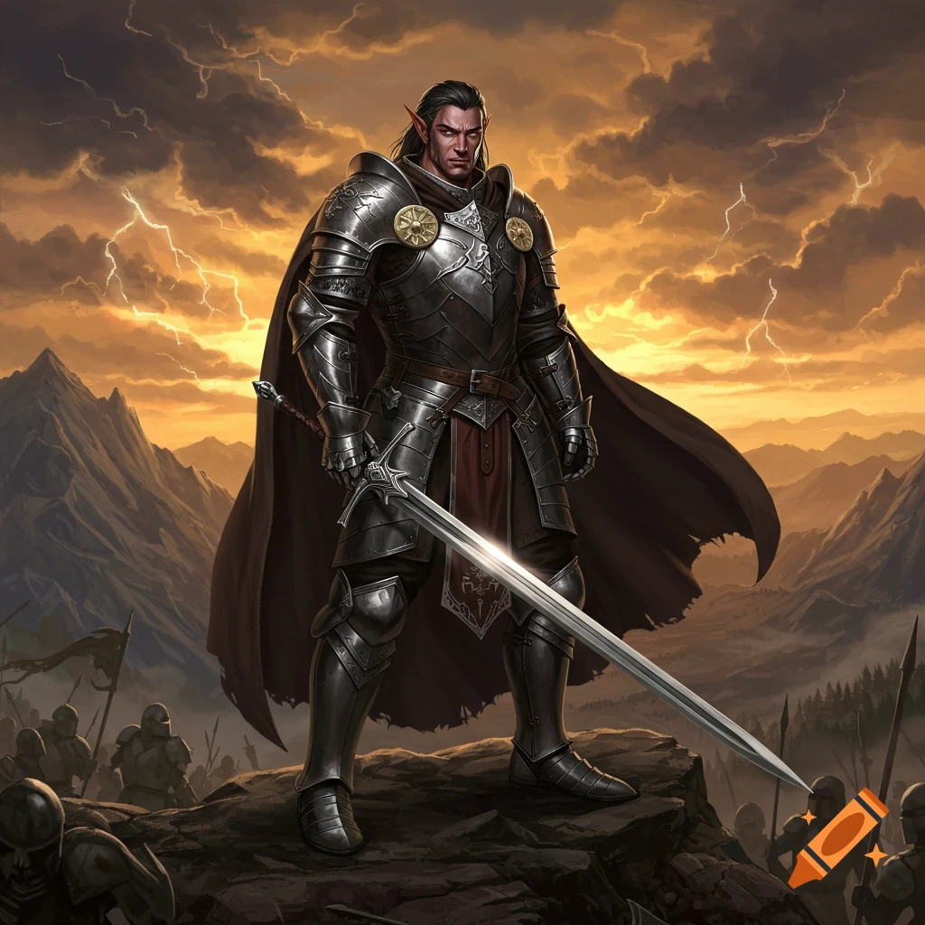 A dark elf knight in ornate silver and black armor stands on a rocky hill with a large sword, a stormy sky with lightning above.