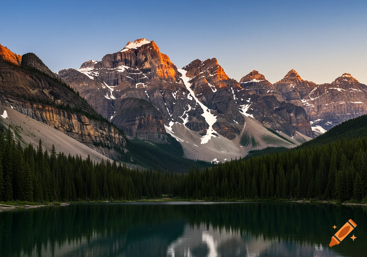 Scenic view of towering mountains with snow and a lush forest reflected in a calm lake under a clear sky.