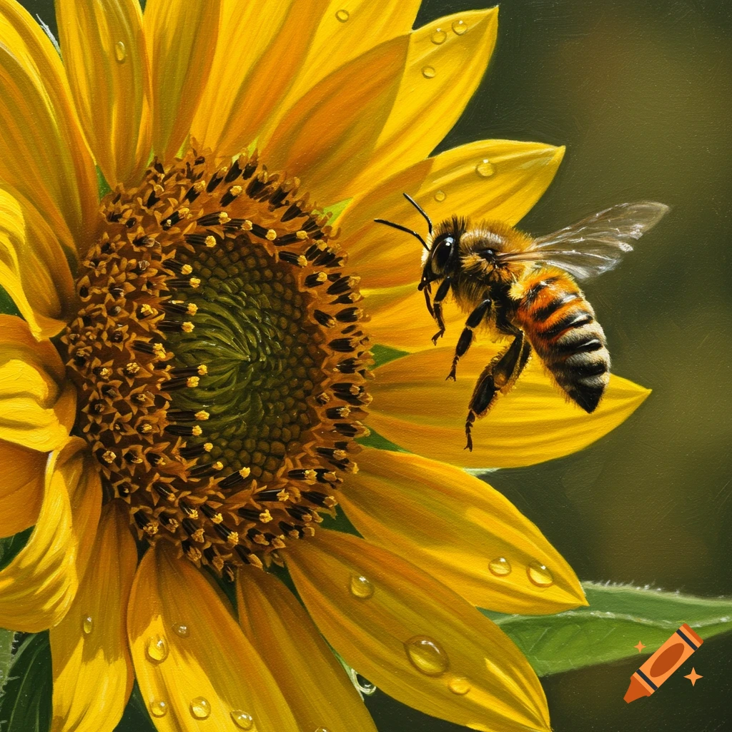A photorealistic painting of a bee flying towards a vibrant yellow sunflower with water droplets.
