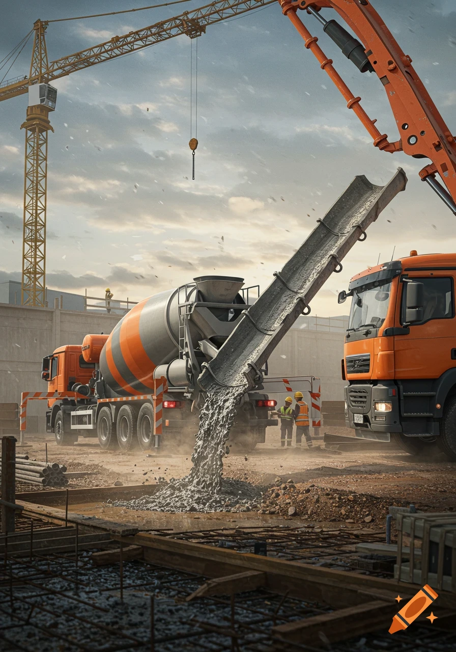Photorealistic image of concrete being poured from a cement mixer truck at a busy construction site with cranes and workers.