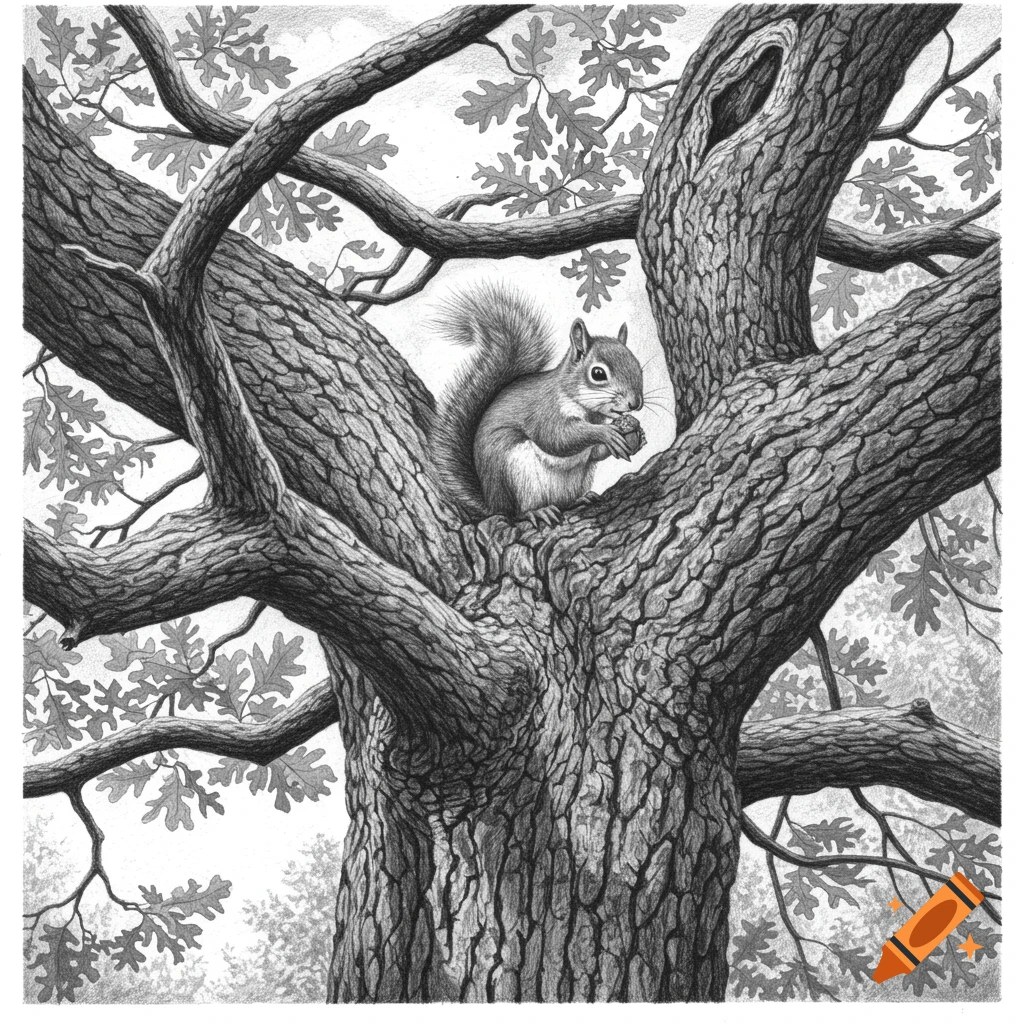 Black and white pencil drawing of a squirrel holding an acorn while perched in a large oak tree.