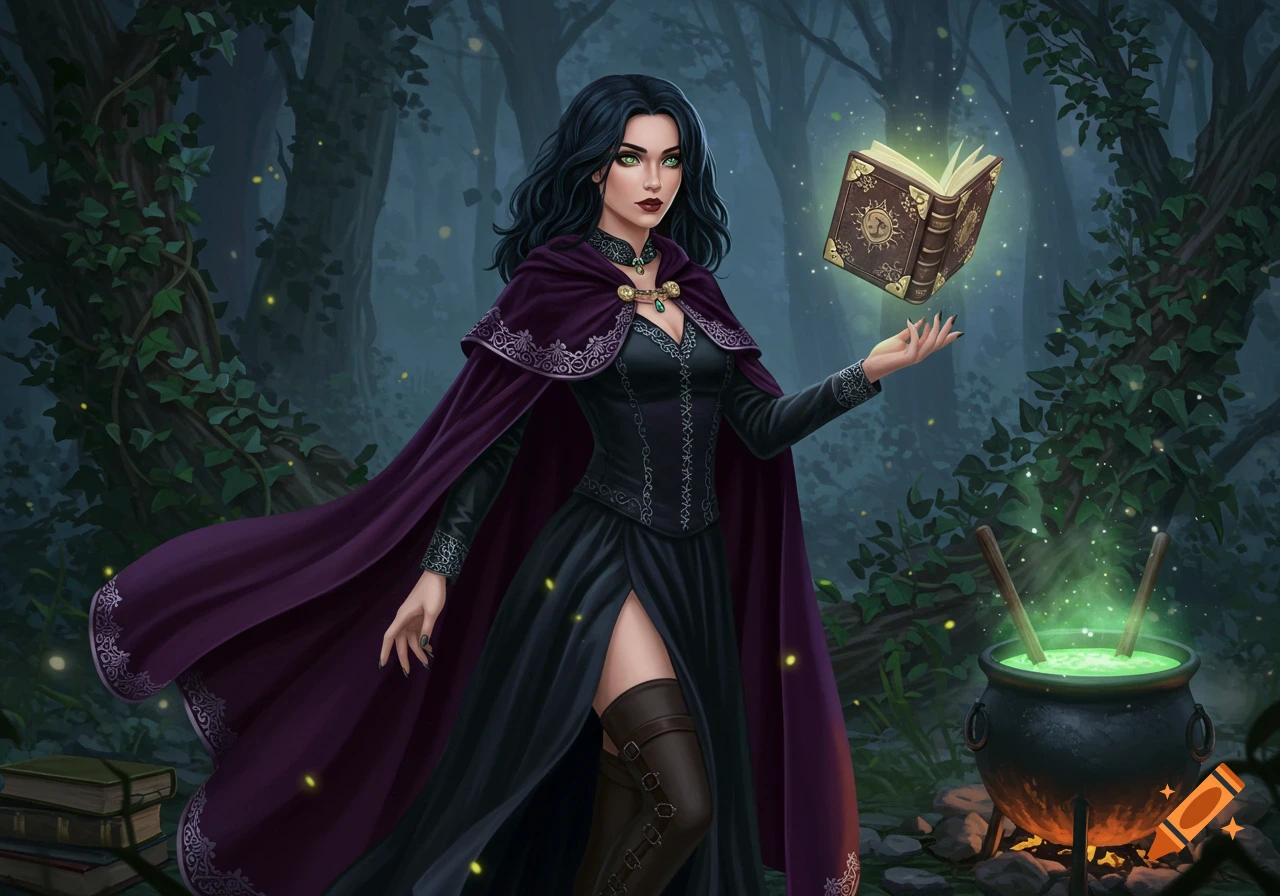 A digital painting of a dark-haired witch in a black dress and purple cloak conjuring a glowing spellbook in a misty forest.
