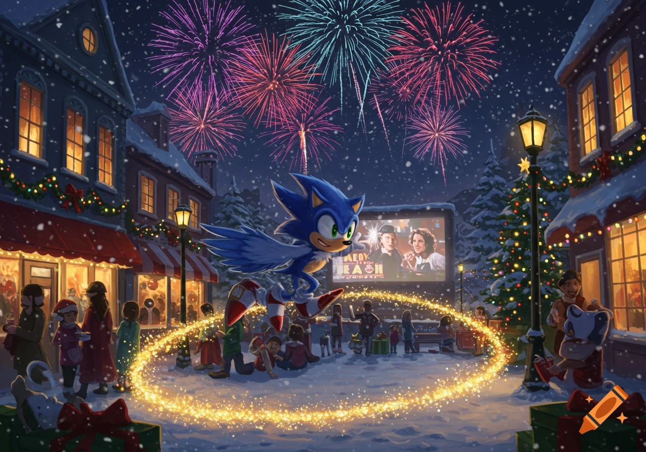 Sonic the winged hedgehog hovers in a snowy town square with fireworks, a crowd watching a movie, and festive lights at night.