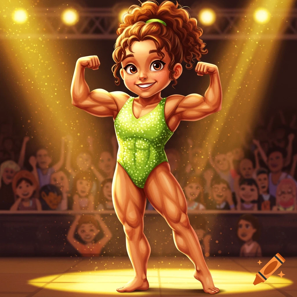 Cartoon girl bodybuilder flexing on a stage under spotlights, with a blurred audience in the background.