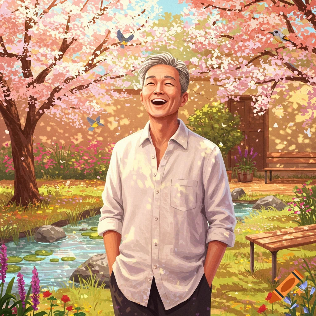 A happy man with gray hair in a white shirt laughs in a vibrant cherry blossom garden with a pond.