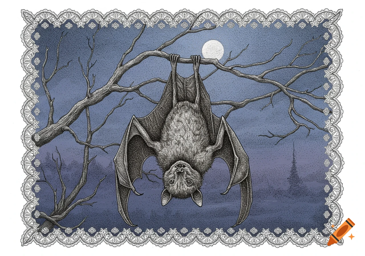 Pointillism illustration of a vampire bat hanging upside down from a dead branch under a full moon, framed by a lace border.