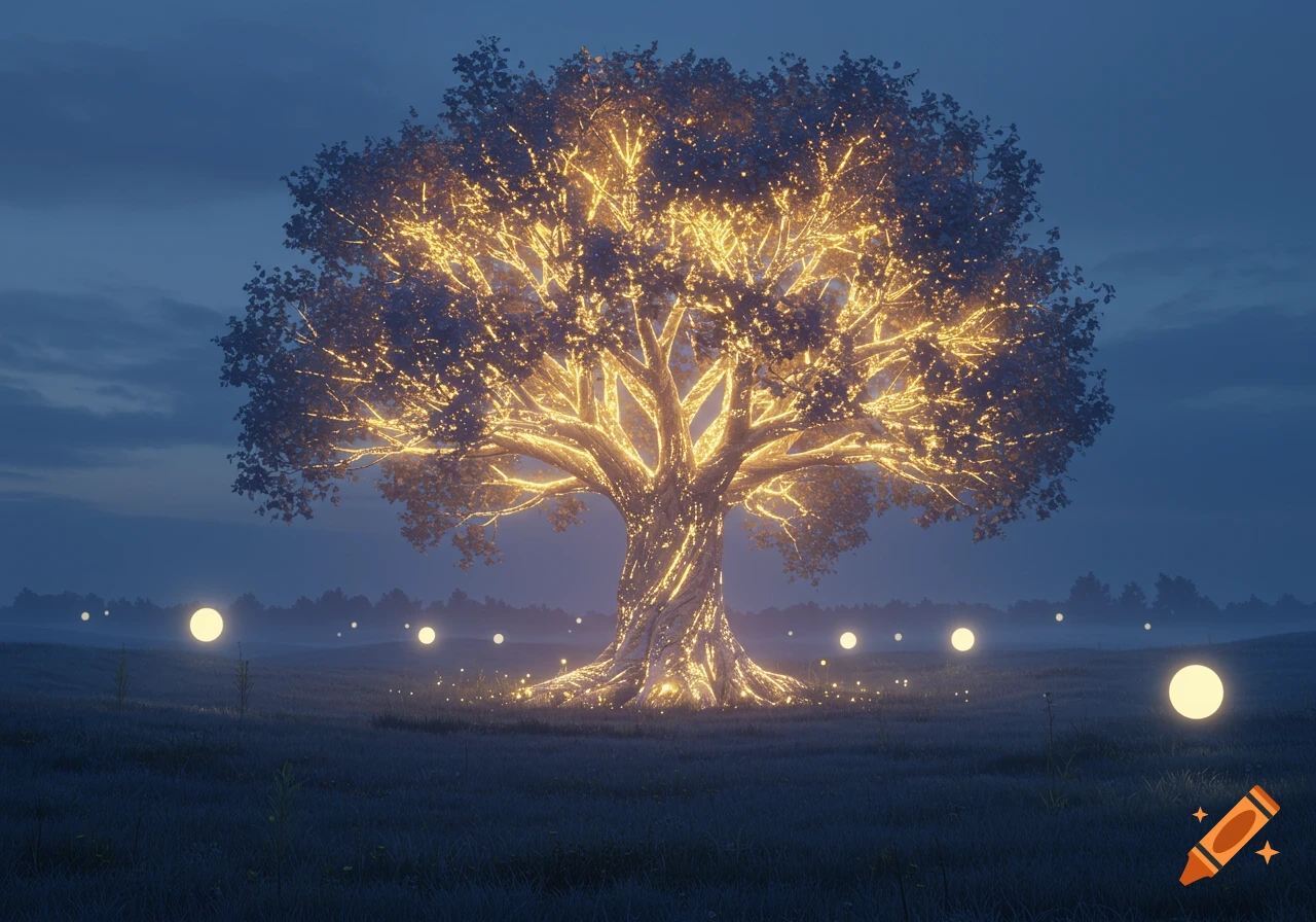 A magnificent glowing tree stands in a twilight field, surrounded by floating light orbs.