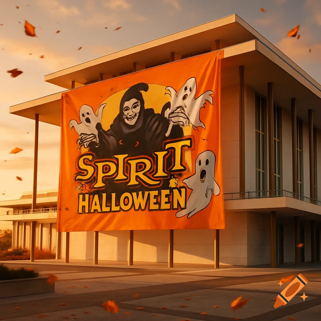 A large orange Spirit Halloween banner featuring a spooky character and ghosts hangs on a modern building at sunset with autumn leaves falling.