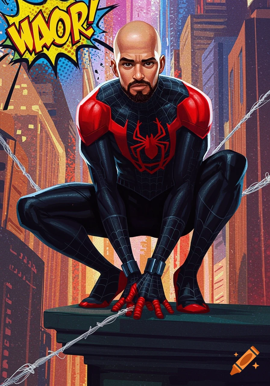 Bald man with a beard in a black and red Spider-Man suit crouches on a building ledge with a city background and "WAOR!" speech bubble.