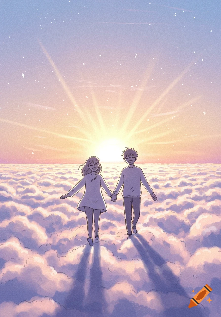 A happy cartoon couple walks hand-in-hand across a vast field of soft clouds, with a bright, warm sunset behind them.
