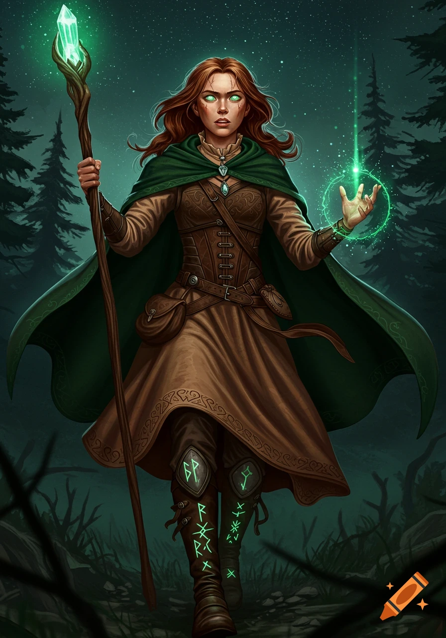 A determined red-haired female fantasy warrior in a forest, holding a glowing staff and casting a spell with her hand, wearing a cloak and armored corset with glowing runes.
