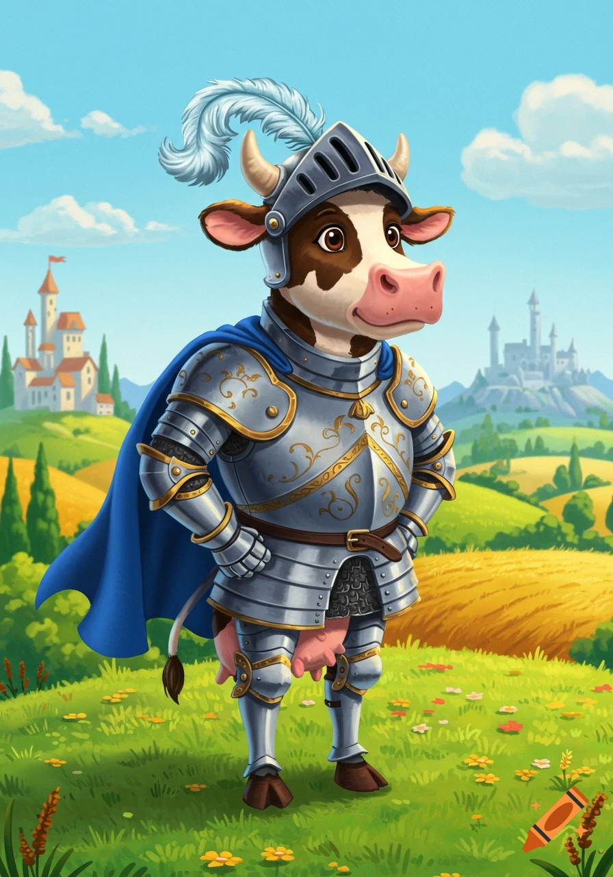 A cartoon cow wearing shining knight armor and a blue cape stands in a green field with castles in the background.