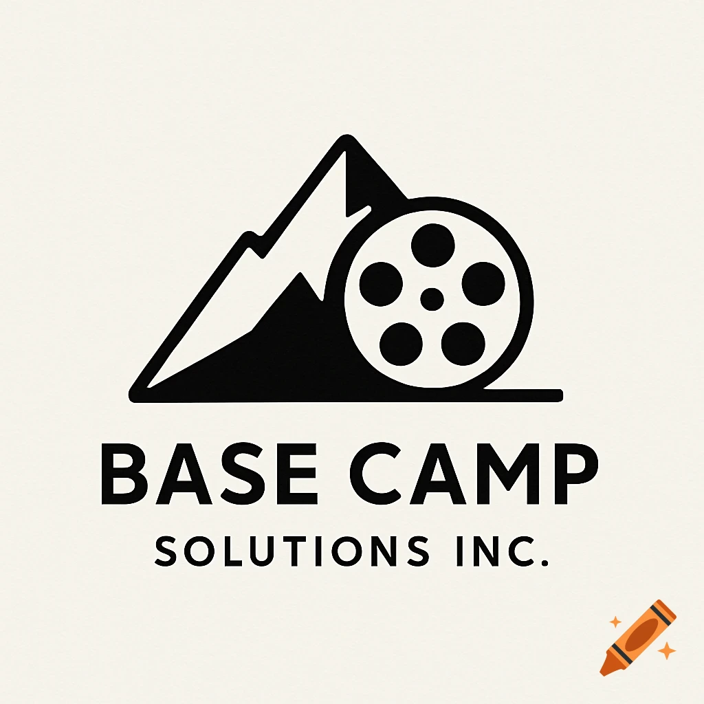A black and white logo featuring a stylized mountain next to a film reel, with the words 'BASE CAMP' above 'SOLUTIONS INC.' below.