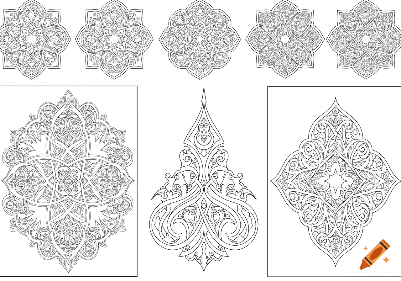 A collection of intricate black and white Islamic geometric patterns and mandalas for coloring.